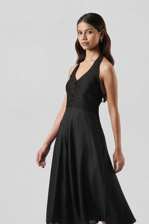 Front view of the Diana Black Chiniya and Muga Silk halter dress by House of Lore featuring a flowing A-line silhouette.