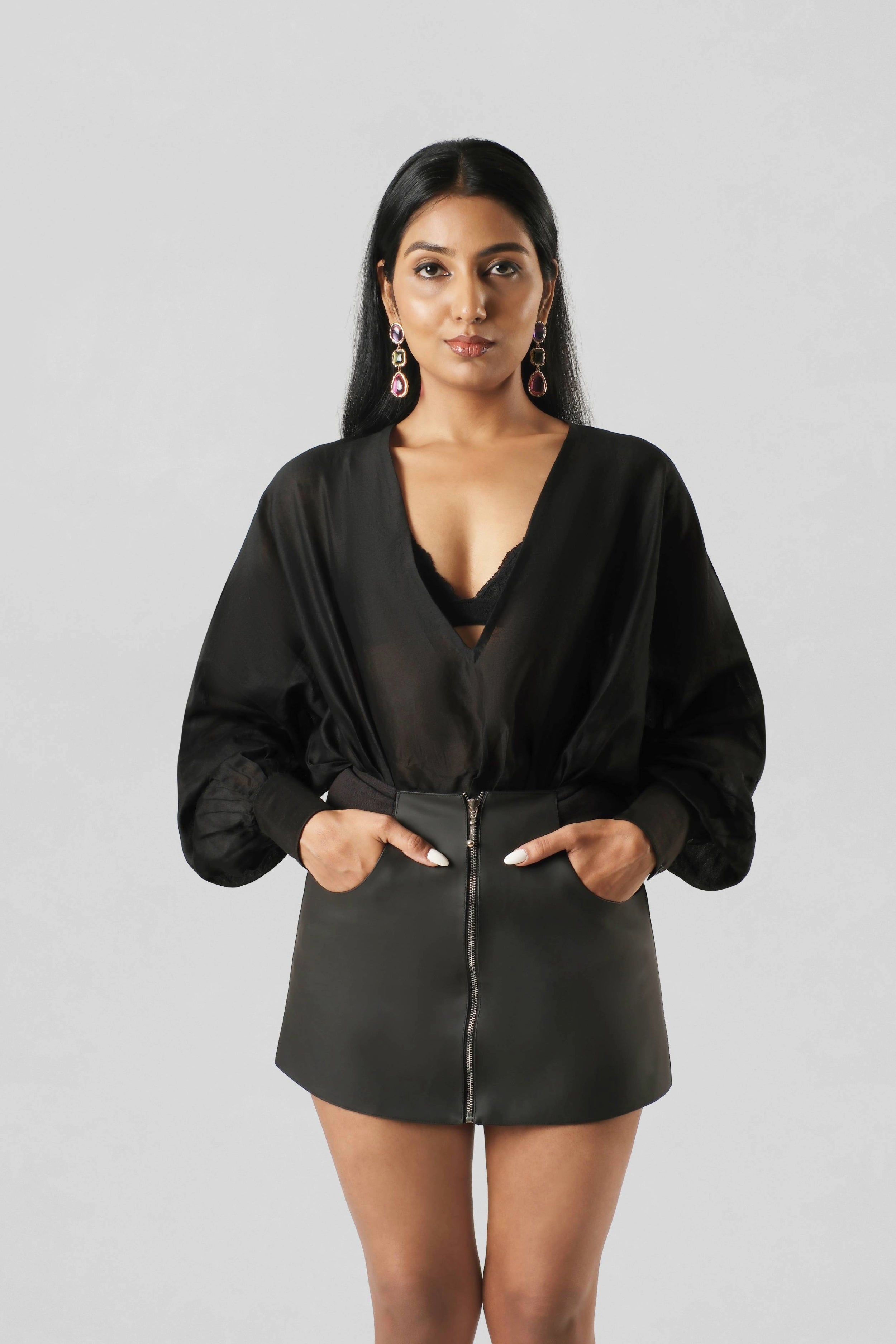 Front view of the RiRi Co-ord in black featuring a handcrafted Chanderi top paired with a structured cactus leather skirt by House of Lore.