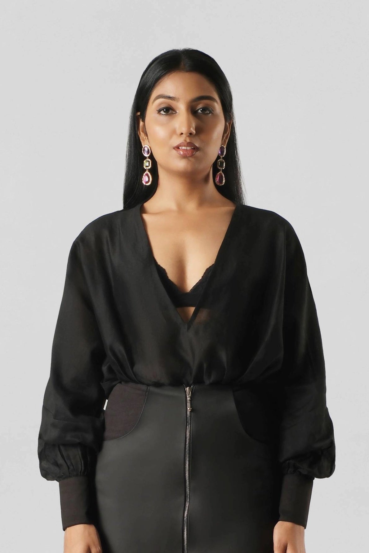 Close-up detail of the RiRi Co-ord highlighting the handcrafted Chanderi fabric, deep V-neckline and refined tailoring.