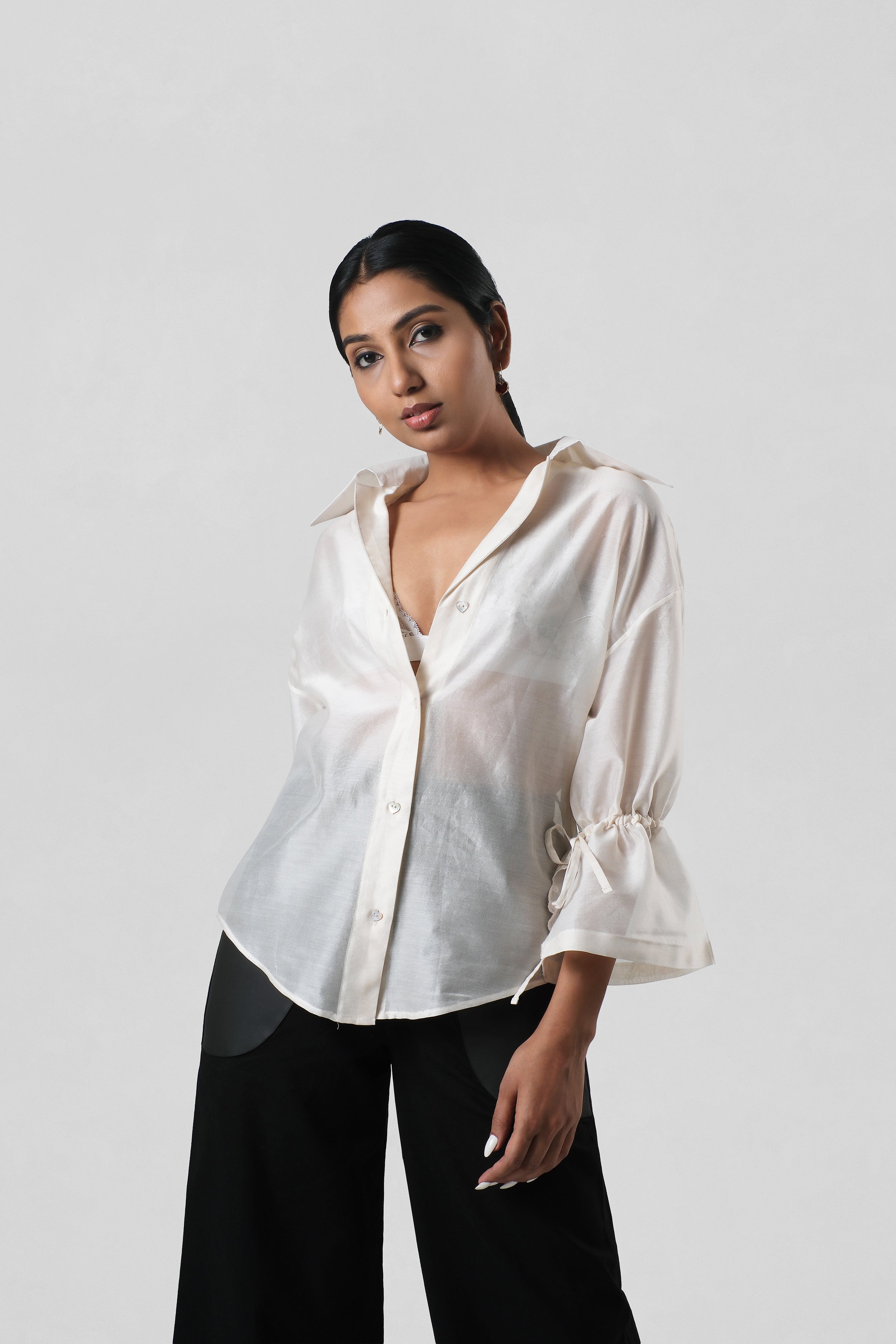Front view of the Virginia Shirt crafted from lightweight Chanderi featuring a relaxed tailored silhouette with full sleeves.