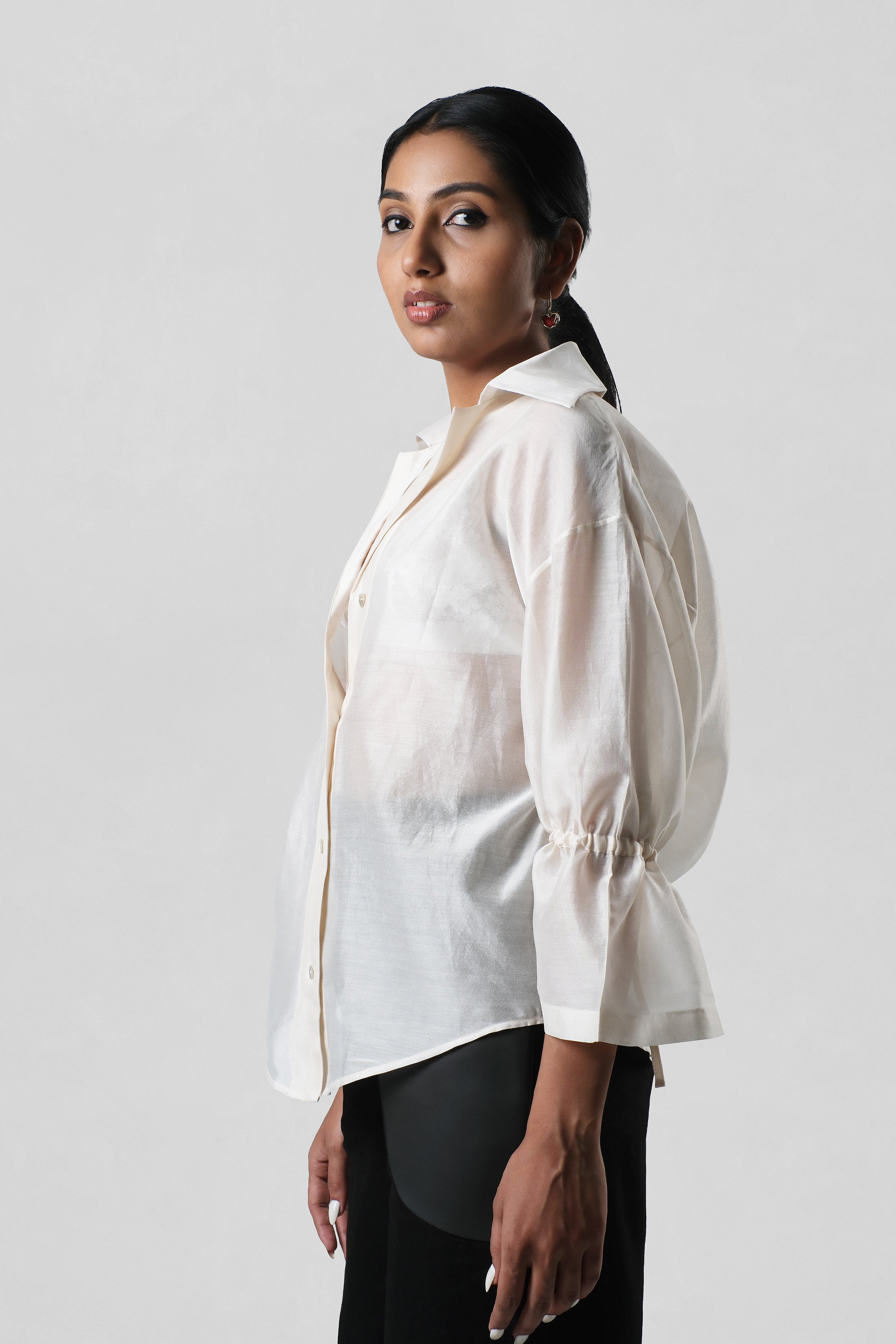 Side view of the Virginia Shirt showcasing its relaxed fit and effortless drape in breathable Chanderi.