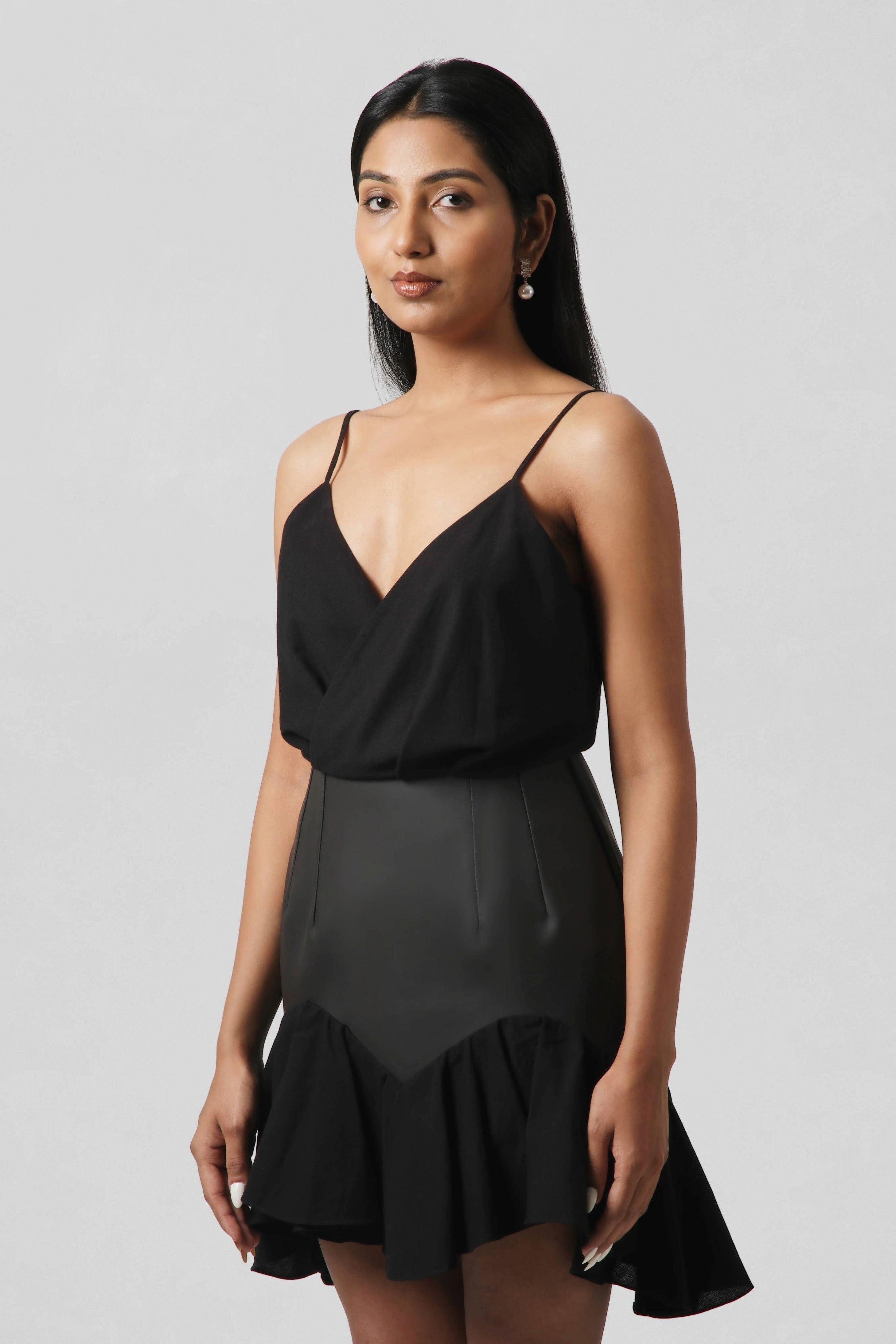 Front view of the Vivienne Dress in black crafted from breathable linen with handcrafted cactus leather detailing by House of Lore.