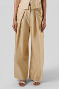 Front view of the Mira Gold Chanderi wide-leg trousers by House of Lore featuring a high-waisted tailored silhouette with fluid movement.